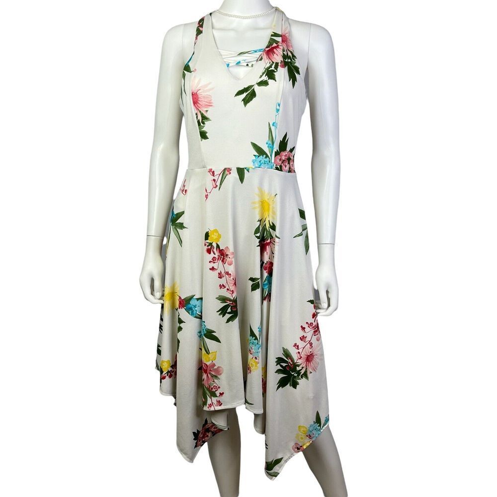 Candies White Sleeveless Lined Asymmetrical Floral Dress Womens Size‎ M (H10157)